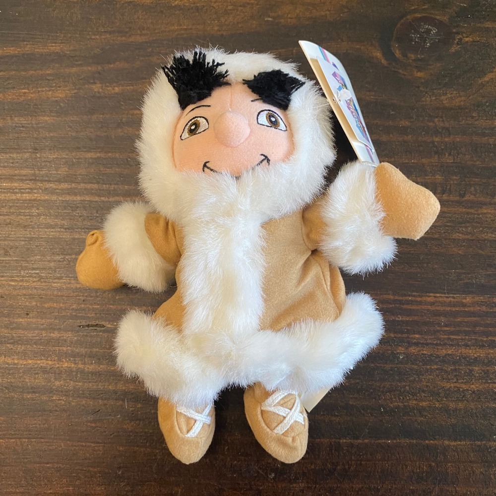 Disney Its a Small World Alaska Boy Bean Bag Plush Tan White Faux Fur 8 inch NWT